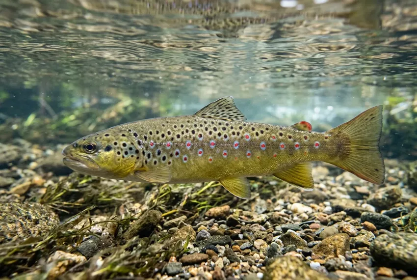 AI-generated brown trout illustration beneath clear stream water